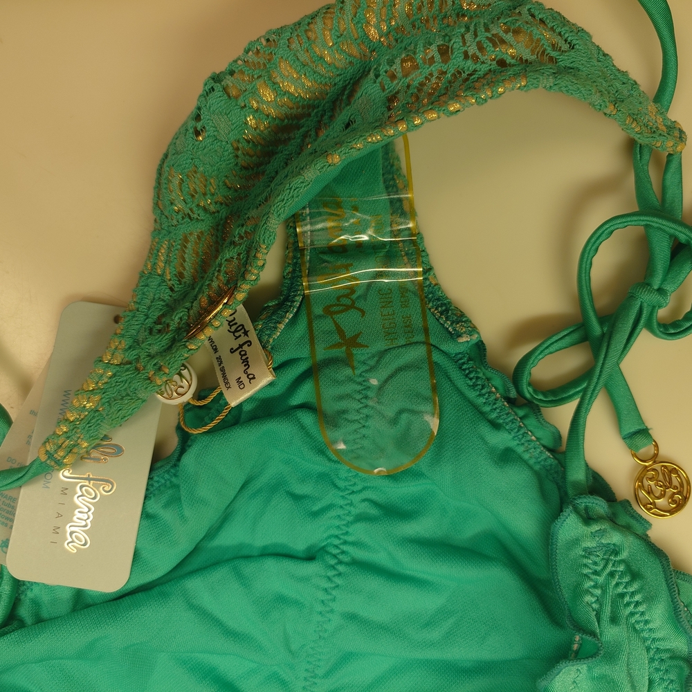 Flaw NWT Gold & Green LULI FAMA Crochet Halter Top DD Tie-Side Bikini SwimSuit M - Picture 7 of 15